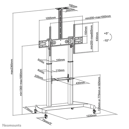 Neomounts Screen TV Floor Stand Mobile 60"-100", PLASMA-M1950E - imagine 3