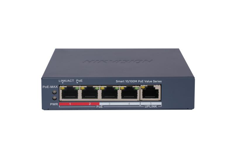 HIKVISION Switch PoE, 4 × 10/100 Mbps PoE port,1 × 10/100 Mbps RJ45 port, Total, DS-3E1105P-EI/M(V2)