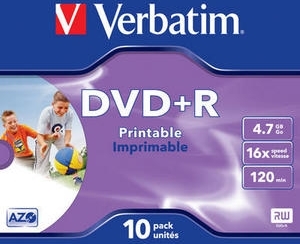 Verbatim DVD+R 4.7GB, 120min, viteza 16x, 1 buc, Jewel case,Single Layer, printabil, Wide, 43508