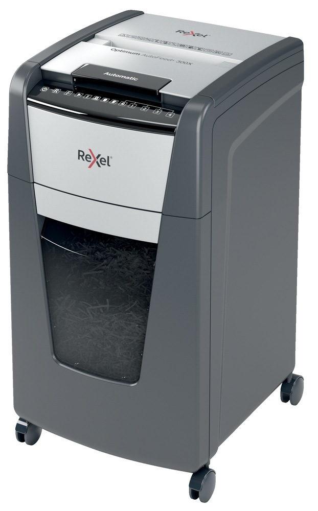 REXEL Distrugator automat documente OPTIMUM 300X, 300 coli, P4, cross-cut (tip confeti), 2020300XEU