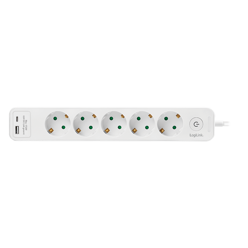 Logilink PRELUNGITOR, Schuko x 5, conectare prin Schuko (T), ON/OFF, 16 A, 1xUSB-A, 1xUSB-C, LPS280U