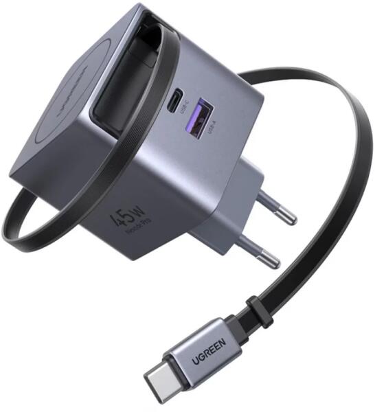 UGreen INCARCATOR retea GaN X614 Quick Charge 45W, 2 x USB Type-C, cablu retractabil USB, 65822