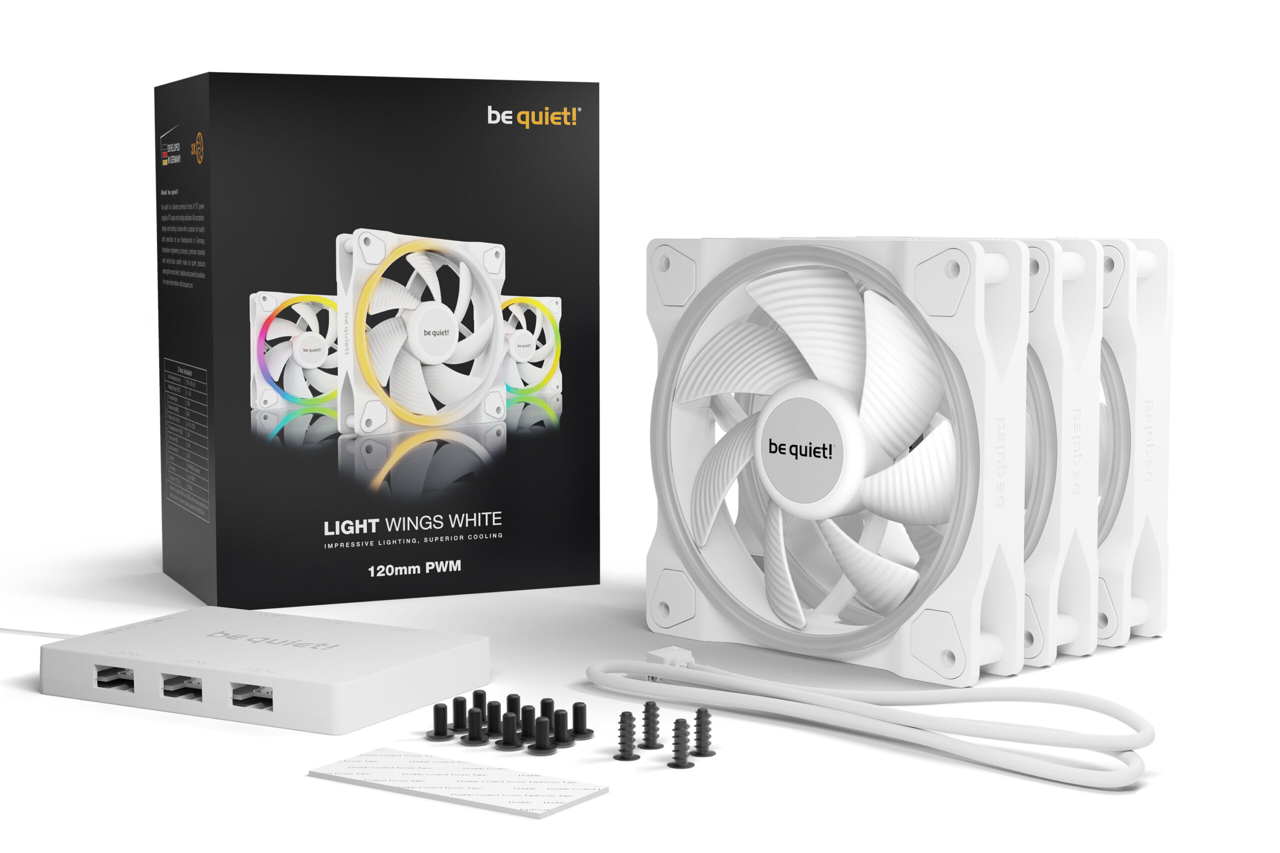 Be Quiet Set 3 ventilatoare ! LIGHT WINGS White120mm 1700 rpm, Rifle bearing, 4-pin PWM, ARGB, BL100 - imagine 2