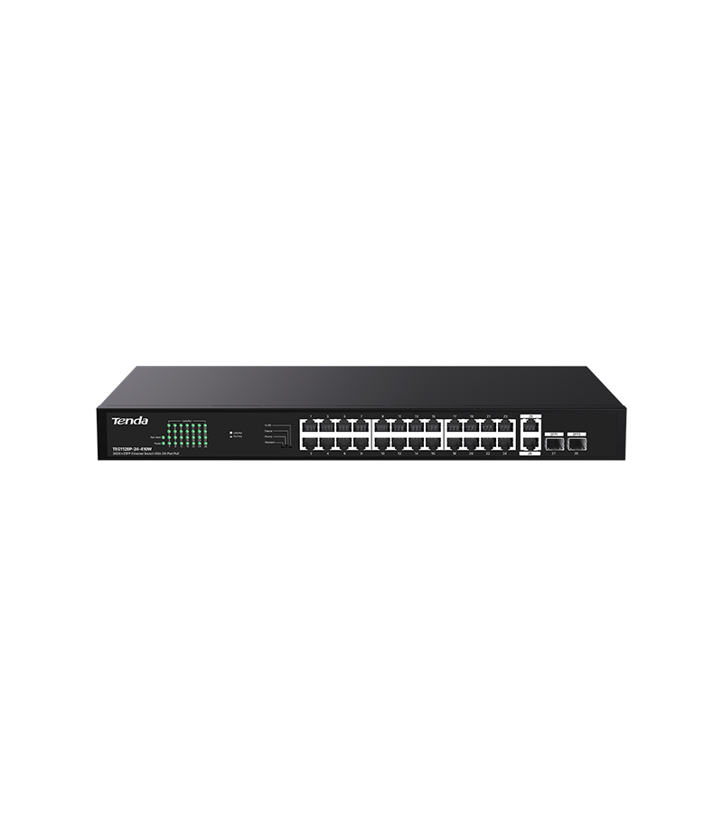 Tenda SWITCH unmanaged, 24 porturi POE+ RJ-45 gigabit, 2 porturi uplink gigabit, TEG1128P-24-410W
