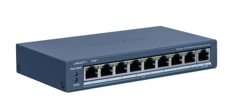 HIKVISION Switch PoE : 8 × 10/100 Mbps PoE port, 1 × Gigabit RJ45 port, 8 porturi, DS-3E1309P-EI/M
