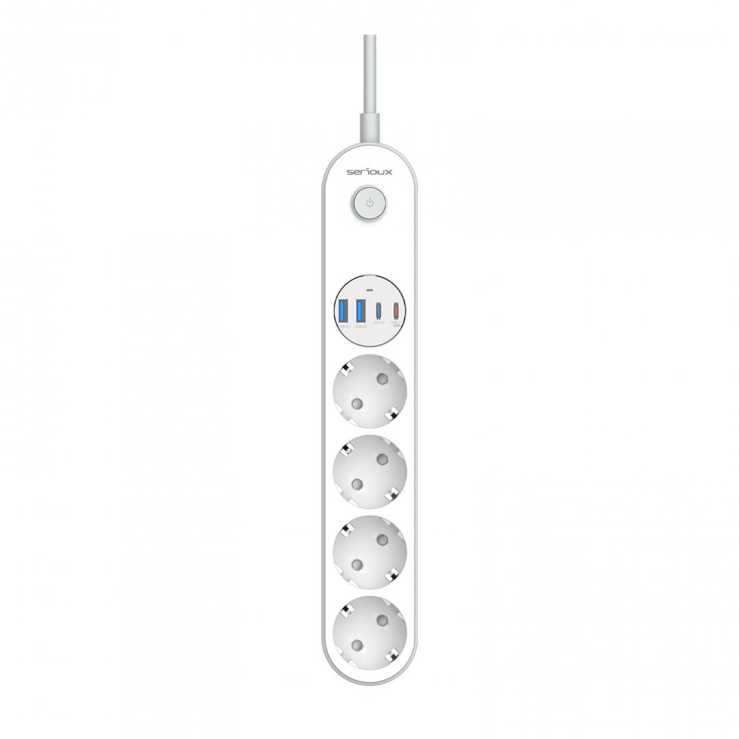 SERIOUX Prelungitor cu protectie, 4 prize schuko, Tensiune intrare: 100-240V, 50-60Hz, SRXP-PS44W