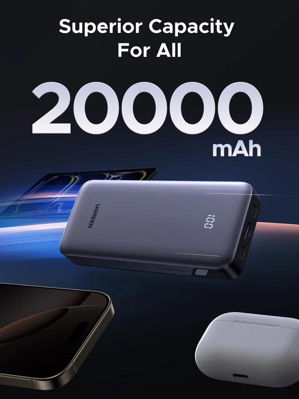 UGreen POWER BANK, PB532, 20000mAh, 30W, 2 x USB Type-C input/output, 1 x USB, display, gri, 55989B - imagine 4