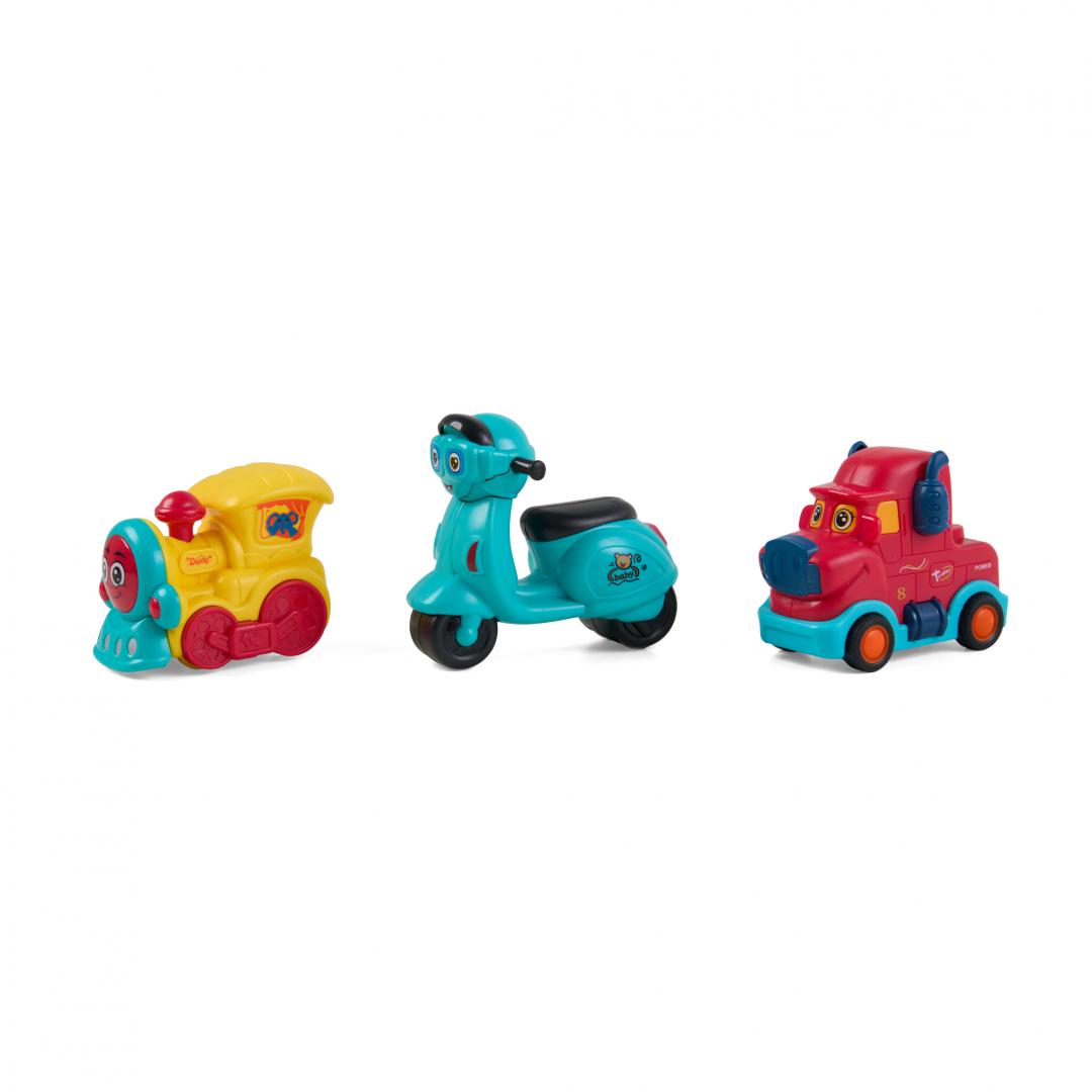 MomKi SET 3 VEHICULE ACTIONATE PRIN INERTIE- MASINUTA ROSIE, TREN GALBEN, SCUTER, MOMKI899-17AR