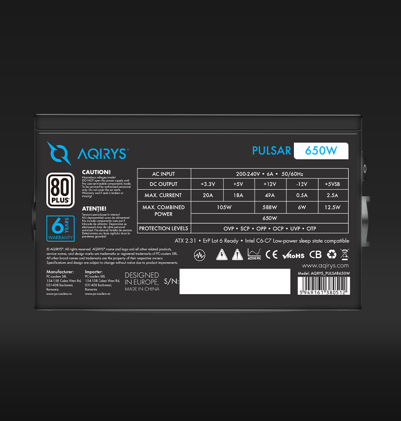 AQIRYS Sursa Pulsar, 80+ White, RGB, 650W, AQRYS_PULSAR650W - imagine 4