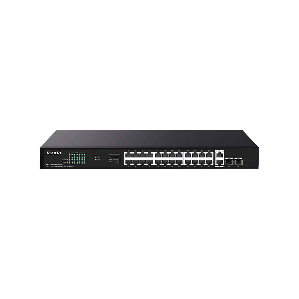 Tenda SWITCH unmanaged, 24 porturi POE+ RJ-45 gigabit, 2 porturi uplink gigabit, TEG1128P-24-250W