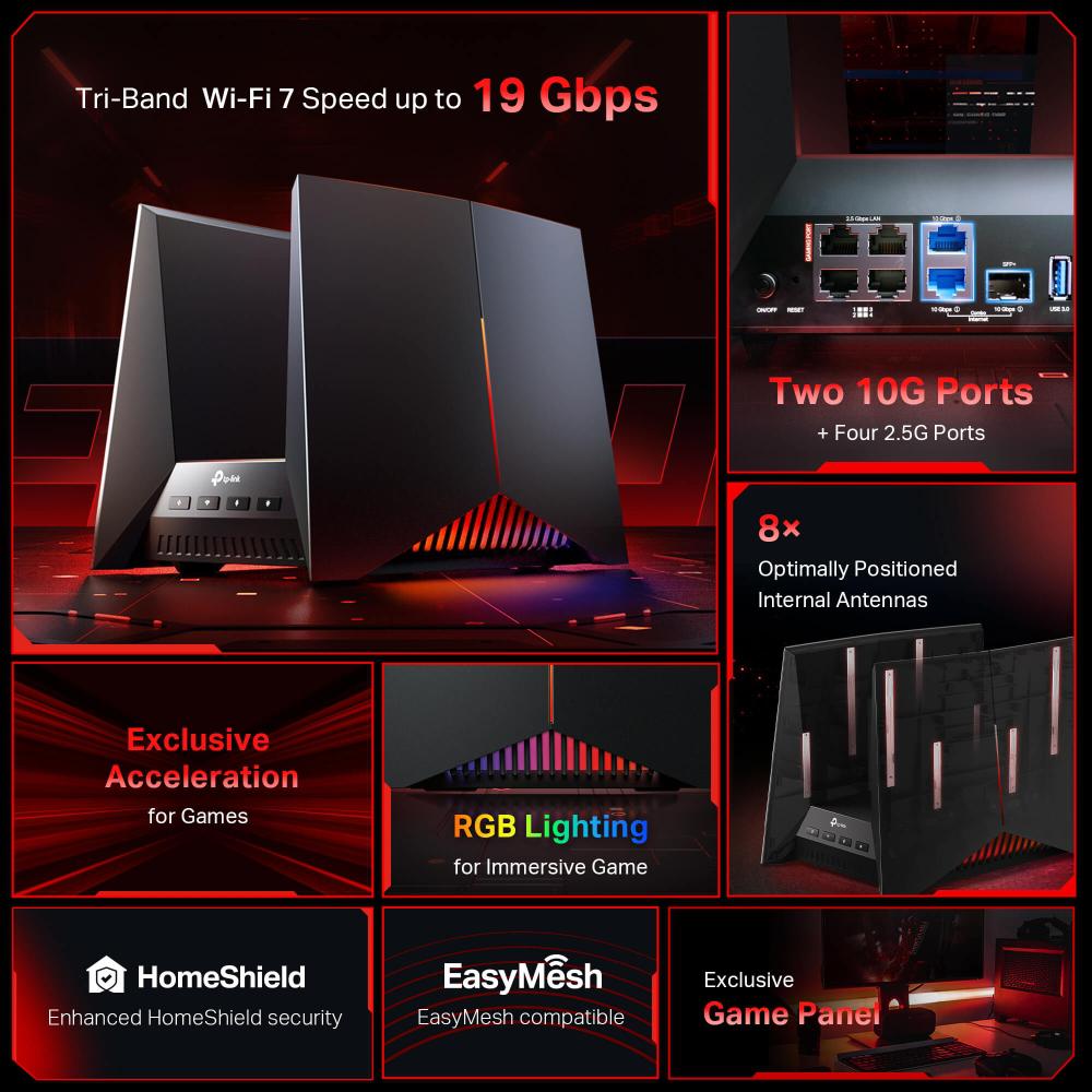 Tp-Link ROUTER wireless, BE19000 Tri-Band Wi-Fi 7 Gaming Router de pana la 19000, Archer GE800 - imagine 4
