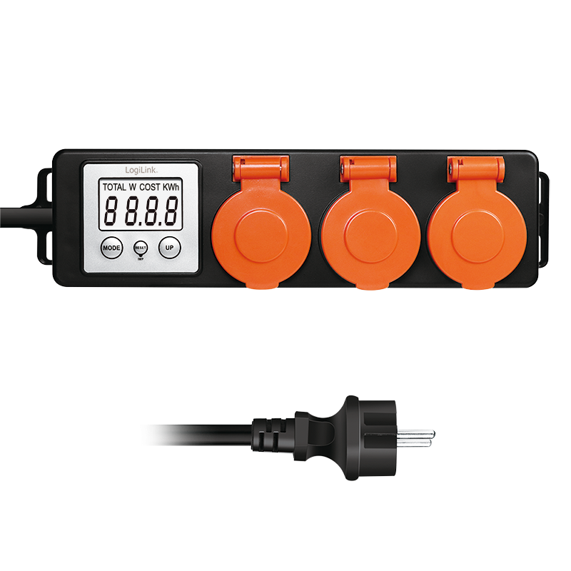 Logilink PRELUNGITOR, Schuko x 3, cablu 3G 1.5mm2, 230 V/16 A, 50 Hz, max. 3500 W, contor, EM0008