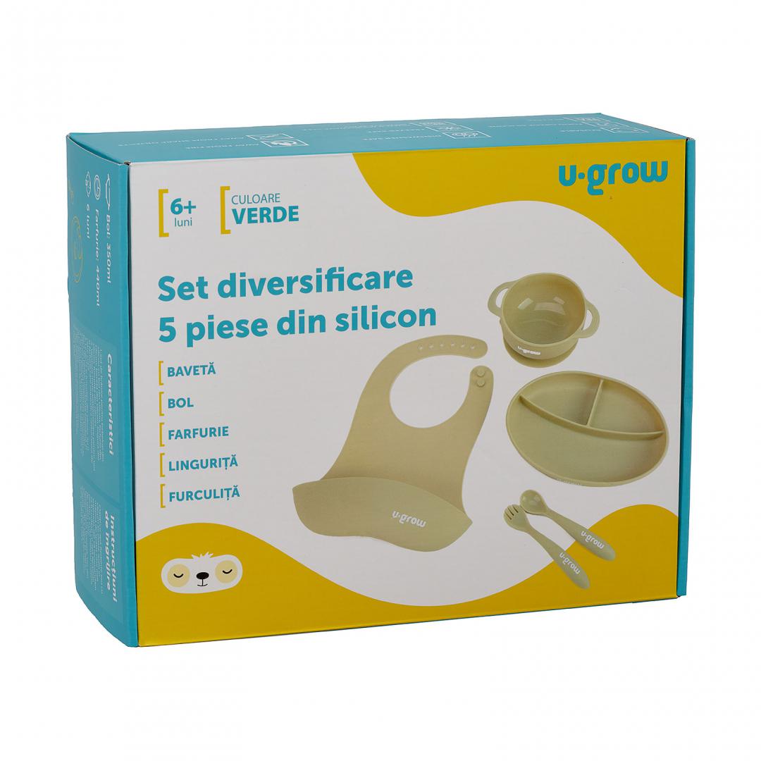 U-GROW Set diversificare 5 piese silicon : baveta, bol, farfurie, lingurita si furculita, UG-SET2OV - imagine 7