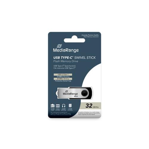 MediaRange USB 3.2 Gen 1 Type-C Flash Memory Drive, Swivel Housing, Black/Silver, 32GB, MR1952