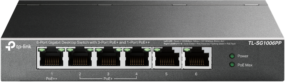 Tp-Link SWITCH PoE, 6 porturi Gigabit (1-Port PoE++ si 3 PoE+), IEEE 802.3af/at/bt, TL-SG1006PP