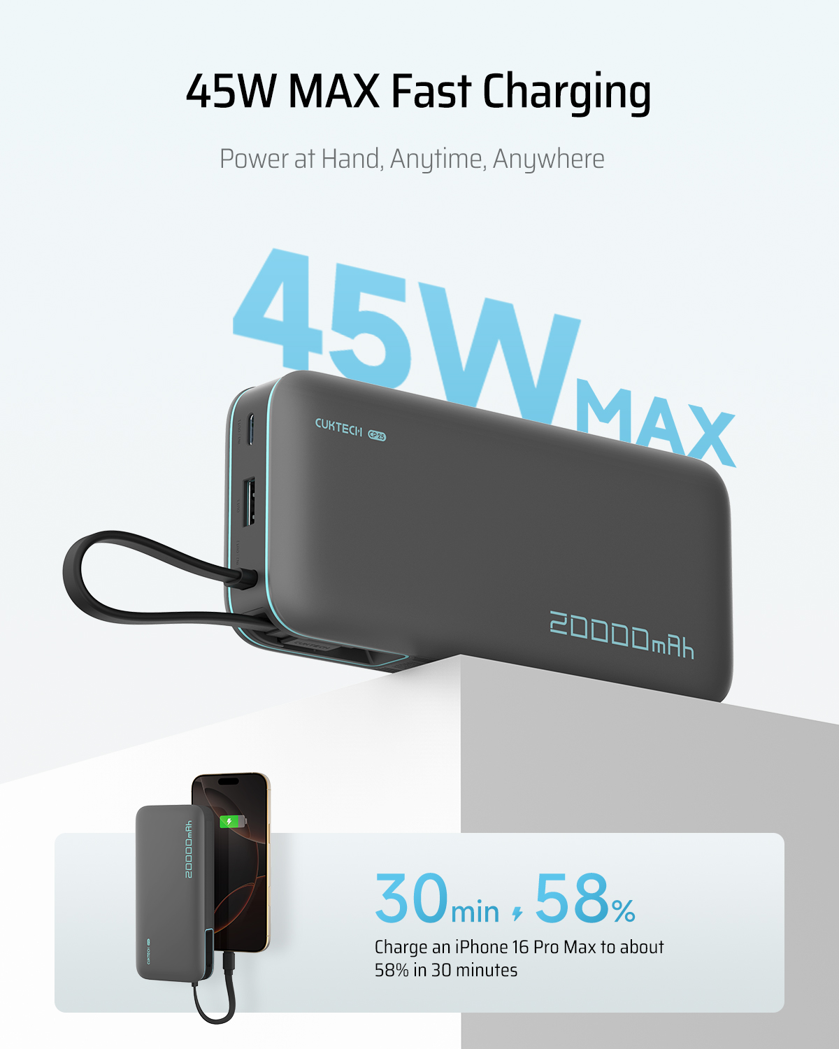 Cuktech POWER BANK CP25, 20000mAh, 55W, 1 x USB; 1 x USB Type-C, 1 x cablu USB Tpe-C, CUKP200NGLDG - imagine 7