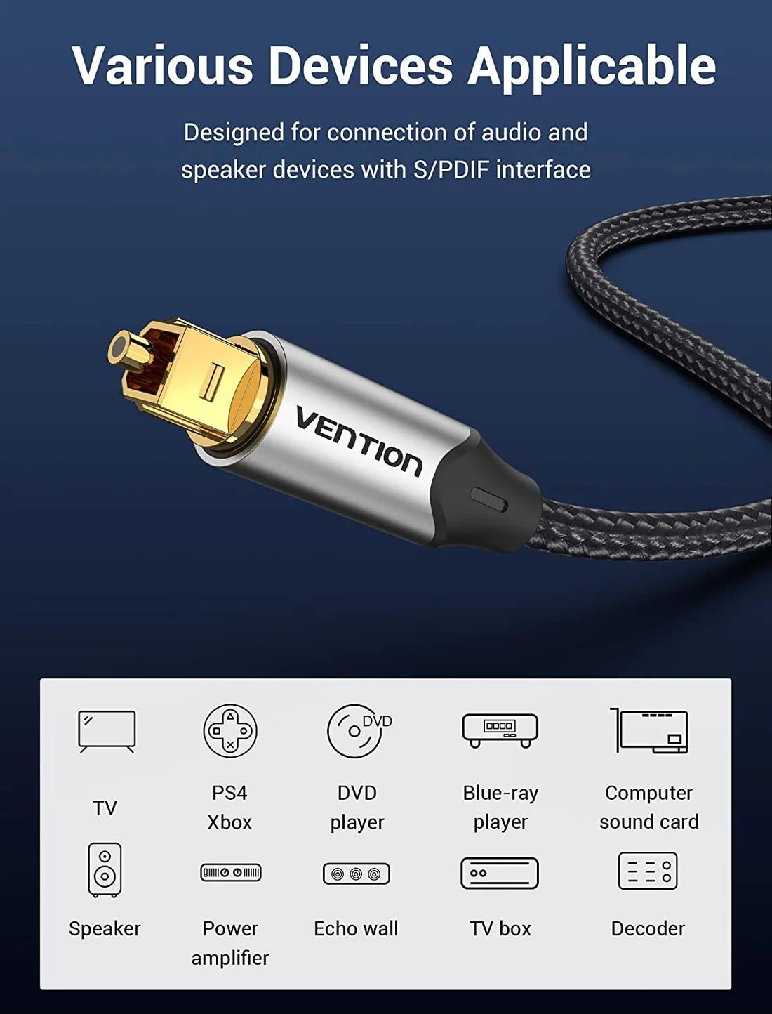 Vention Cablu optic audio, S/PDIF (T) la S/PDIF (T), 5.1 canale, 1.5m, conectori auriti, gri, BAVHG - imagine 3