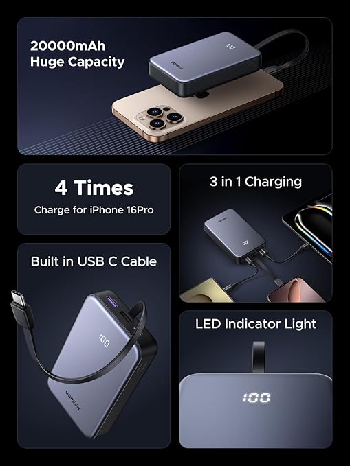 UGreen POWER BANK PB505, 20000mAh, 20W, 1 x USB Type-C input/output, cablu USB Type-C, 45762 - imagine 3