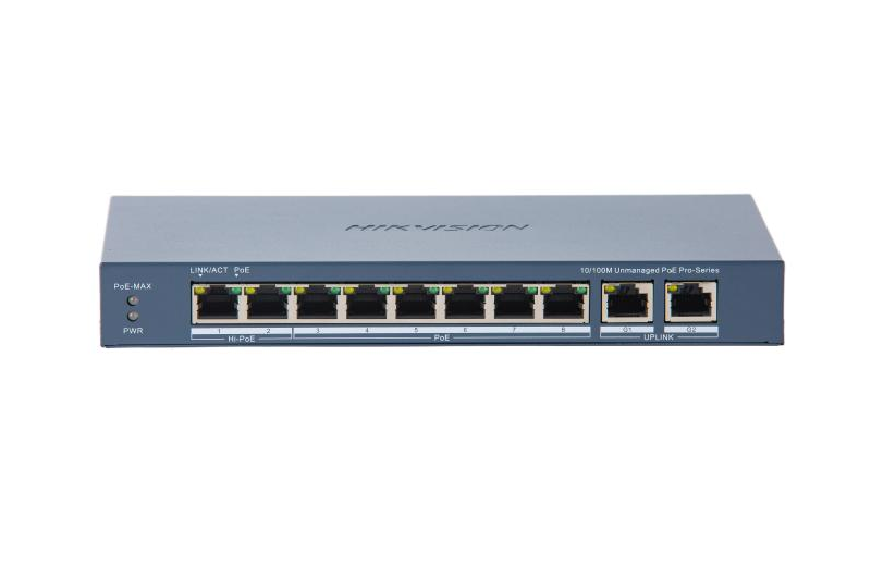 HIKVISION Switch PoE : 8 × 10/100 Mbps PoE port,2 × Gigabit RJ45 port, 16 porturi, DS-3E0310HP-E(C)
