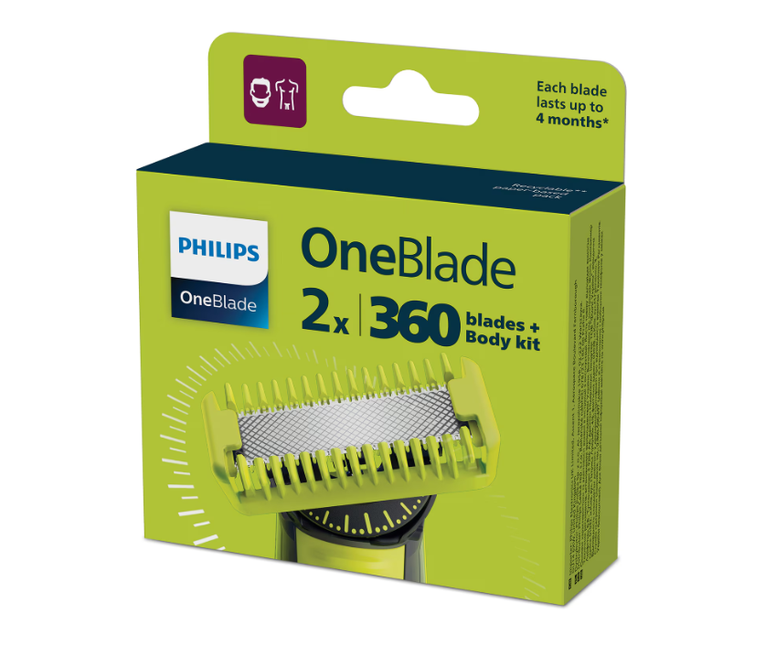 PHILIPS Rezerva OneBlade, set fata si Corp: 2 lame 360 + 2 accesorii (pieptene pentru corp, QP624/50