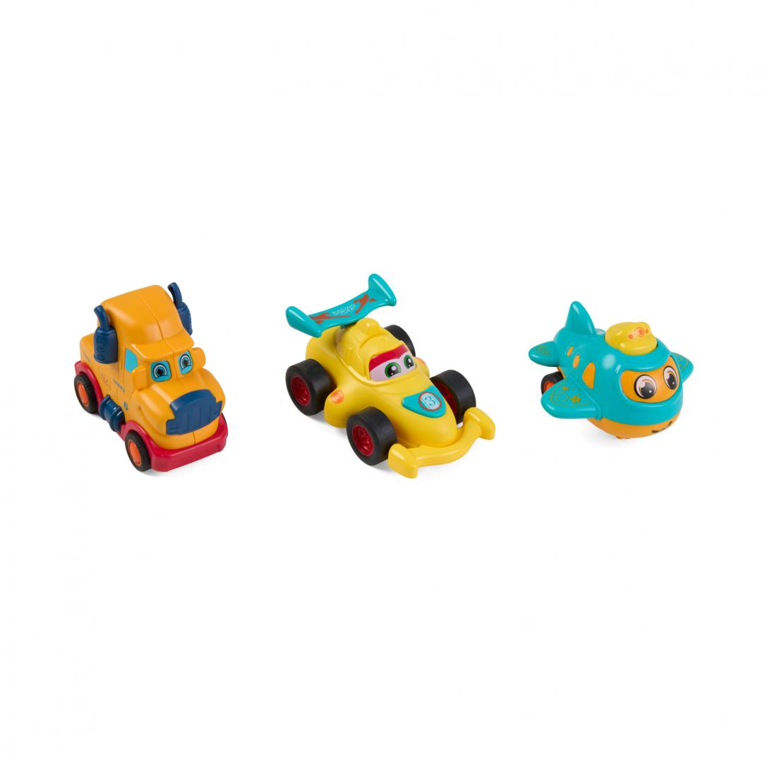 MomKi SET 3 VEHICULE ACTIONATE PRIN INERTIE- CAMION GALBEN, MASINA DE CURSE GALBENA, MOMKI899-17EG