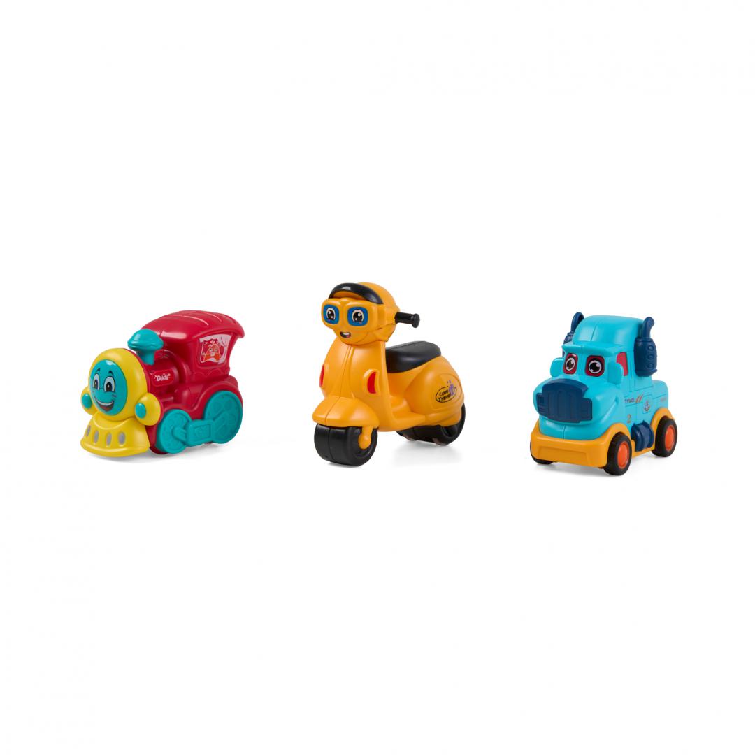 MomKi SET 3 VEHICULE ACTIONATE PRIN INERTIE- MASINUTA ALBASTRA, TREN ROSU, SCUTER, MOMKI899-17AABS