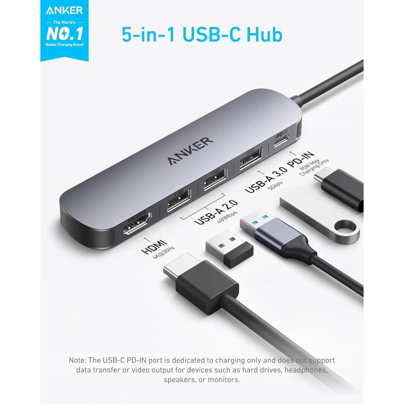 Anker DOCKING Station 5-in-1, porturi: 1 x USB-C, 3 x USB-A, 1 x HDMI 4K la 30Hz, PD 90W, A8357HA0 - imagine 2