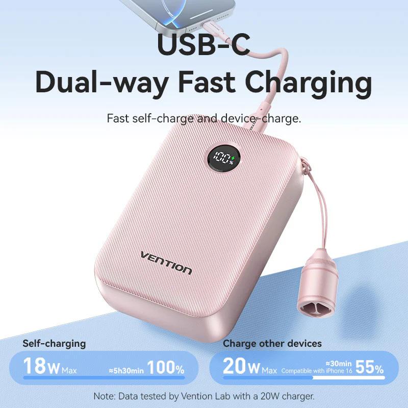 Vention Power Bank 20000mAh Power Bank (USB-C + USB-C/USB-C/USB-A) with Built-in USB-C to, FKBB0-C - imagine 7