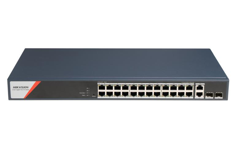 HIKVISION Switch PoE : 24 x 10/100/1000 Mbps PoE Ports, 2 × 10/100/1000 Mbps, DS-3E1528HP-SI-24P2T2F