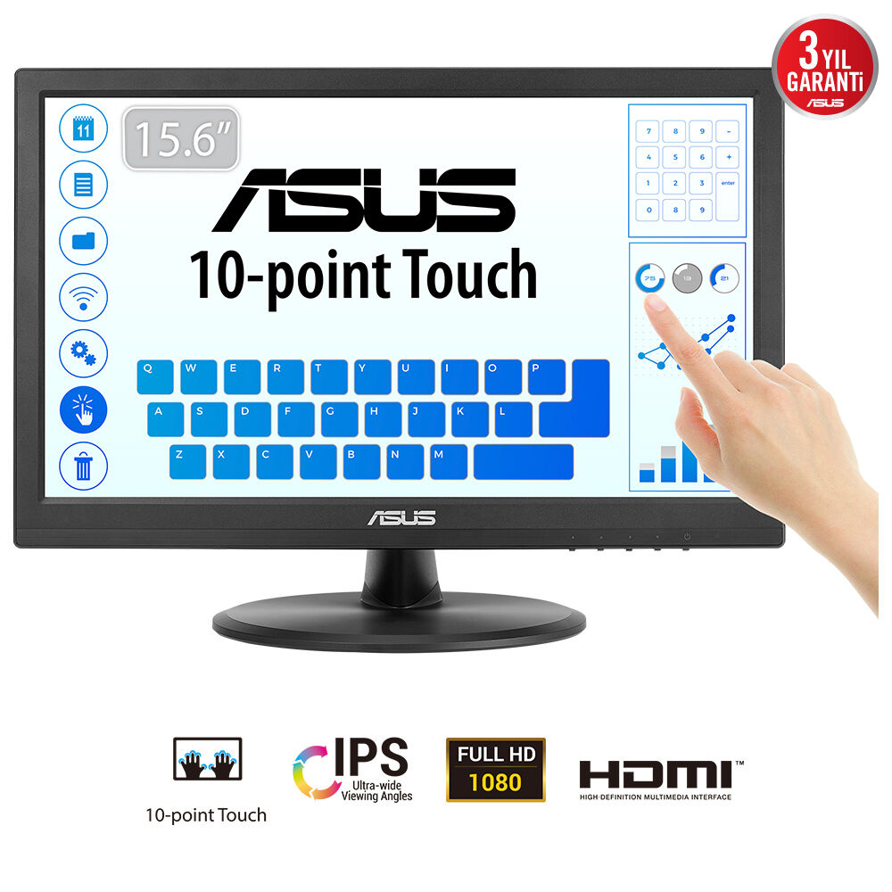 Asus Monitor Touch 16", FHD(1920x1080),IPSFrameless, Flicker free, Low Blue Light, HDMI, VT169HE