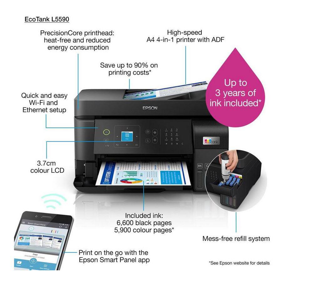 Epson Multifunctional Inkjet CISS Color L5590, A4, Impr|Scan|Cop|Fax,33ppm mono,15ppm, C11CK57403