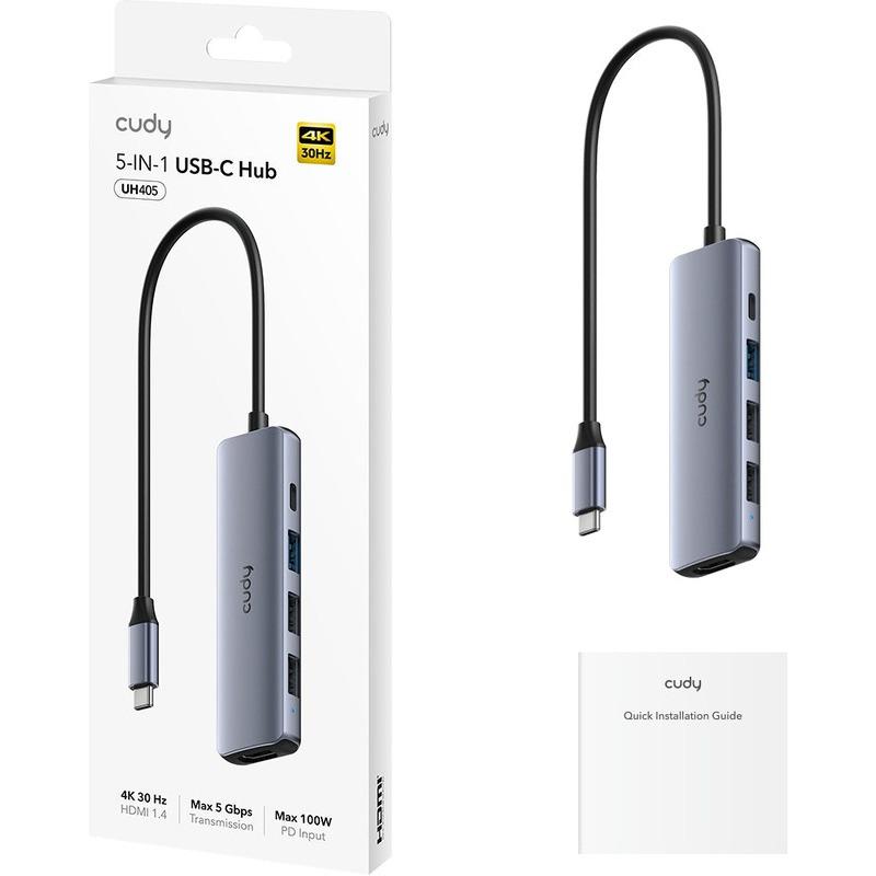 CUDY Hub USB 5-IN-1 USB Hub, USB-C, 5 porturi, HDMI, Argintiu, UH405