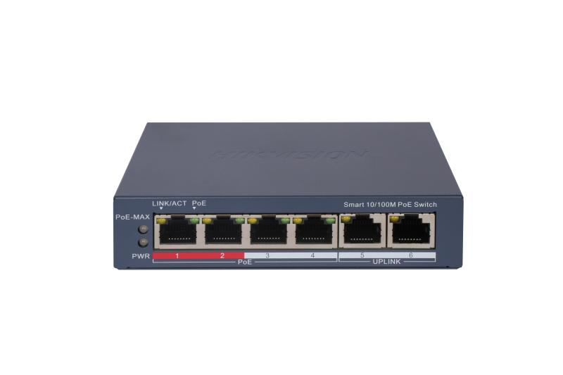 HIKVISION Switch PoE : 4 × 10/100 Mbps PoE port,2 × 10/100 Mbps RJ45 port, 4 porturi, DS-3E1106P-EI