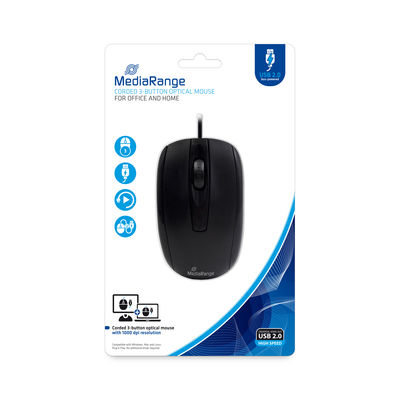MediaRange Corded 3-button optical mouse, black, MROS211