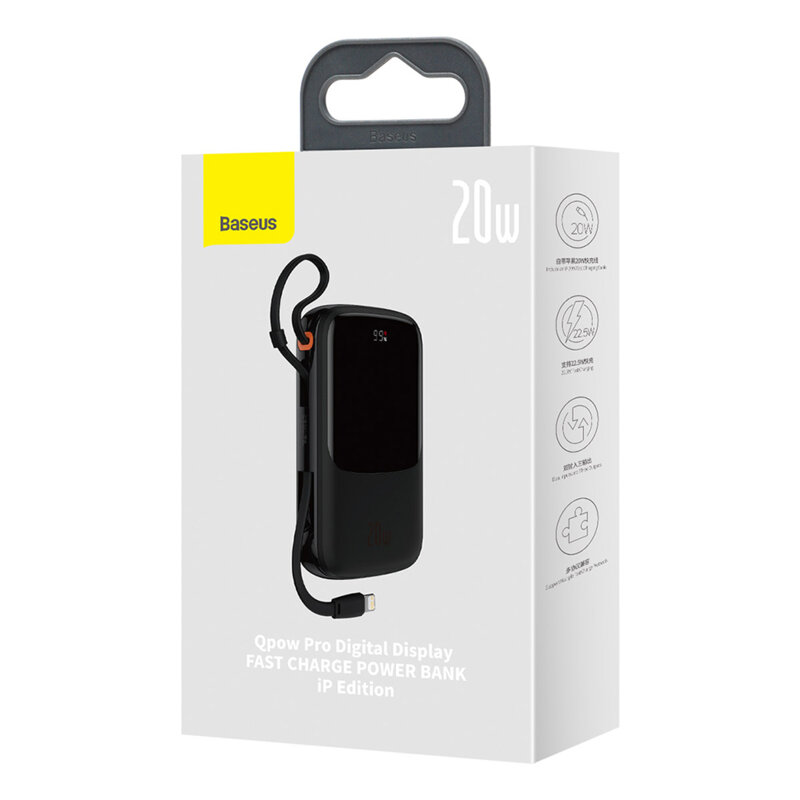 Baseus POWER BANK Qpow Pro Digital Display, 20000mAh, 20W, 1 x cablu integrat Iphone, PPQD040001 - imagine 6