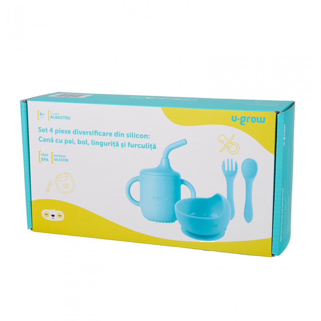U-GROW Set 4 piese diversificare din silicon: Cana cu pai, bol, lingurita si furculita, UG-422BL - imagine 4