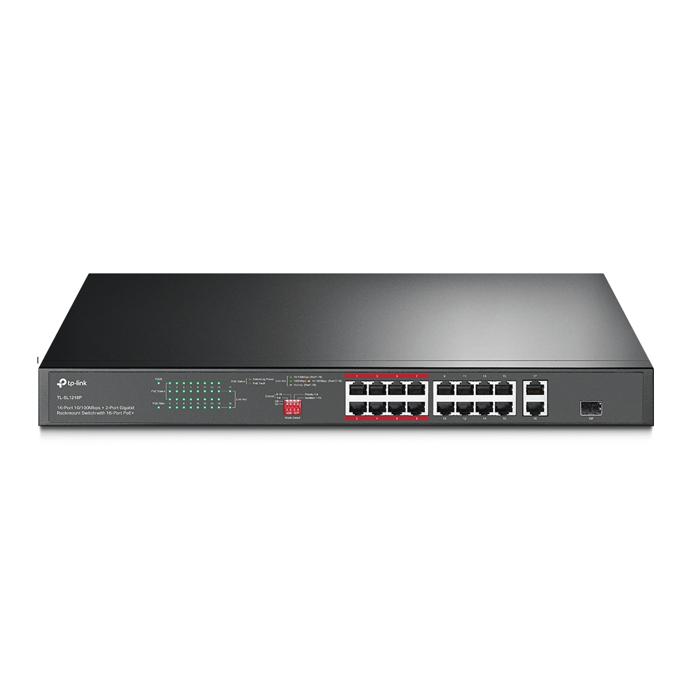 Tp-Link SWITCH 16 porturi, 16× PoE+ 10/100 Mbps RJ45, 2× Gigabit RJ45,1 x combo Gigabit, TL-SL1218P