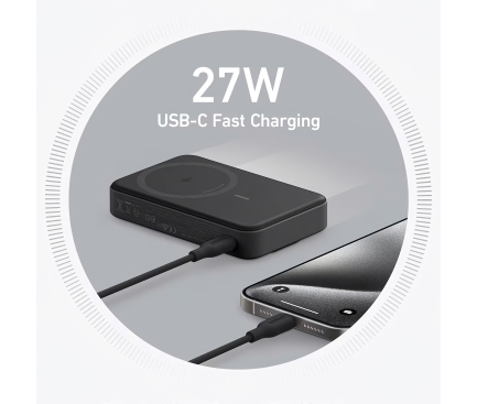 Anker POWER BANK MagGo 10.000 mAh, 27W Qi 2.0 15W, suport pliabil compatibil iPhone, A1654G11 - imagine 2