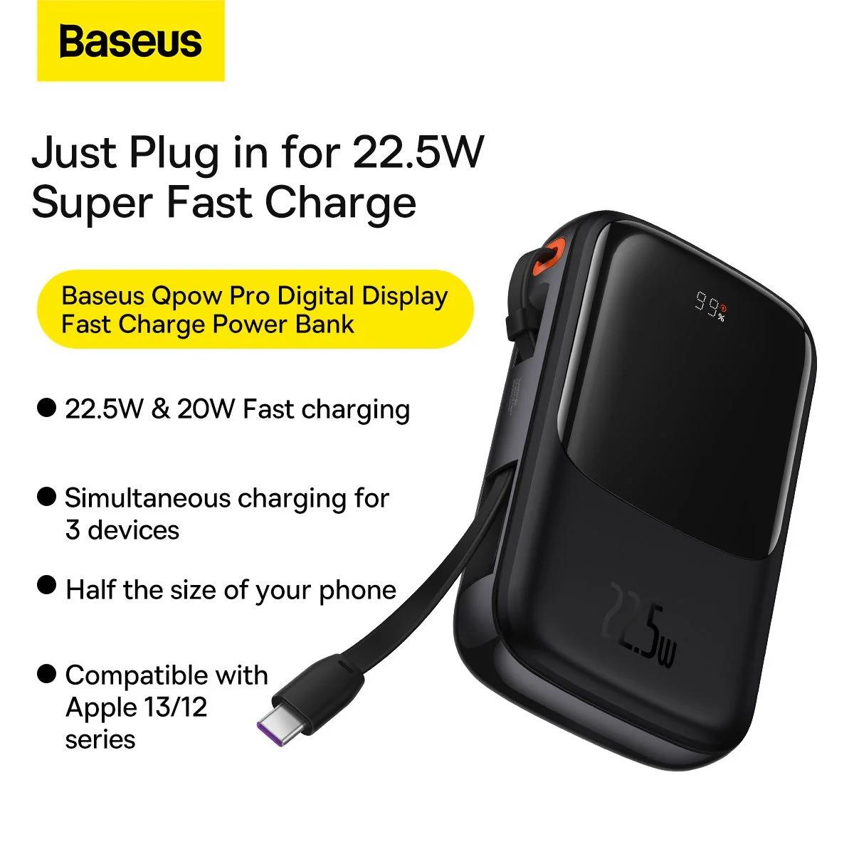 Baseus POWER BANK Qpow Pro Digital Display, 10000mAh, 22.5W, 1 x cablu integrat USB, PPQD020101
