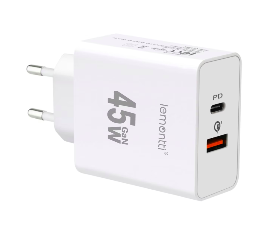 LEMONTTI Încărcător Rețea GaN Fast Charge 45W 1x USB-C 1x USB-A Alb, LIRGFC45WQCA