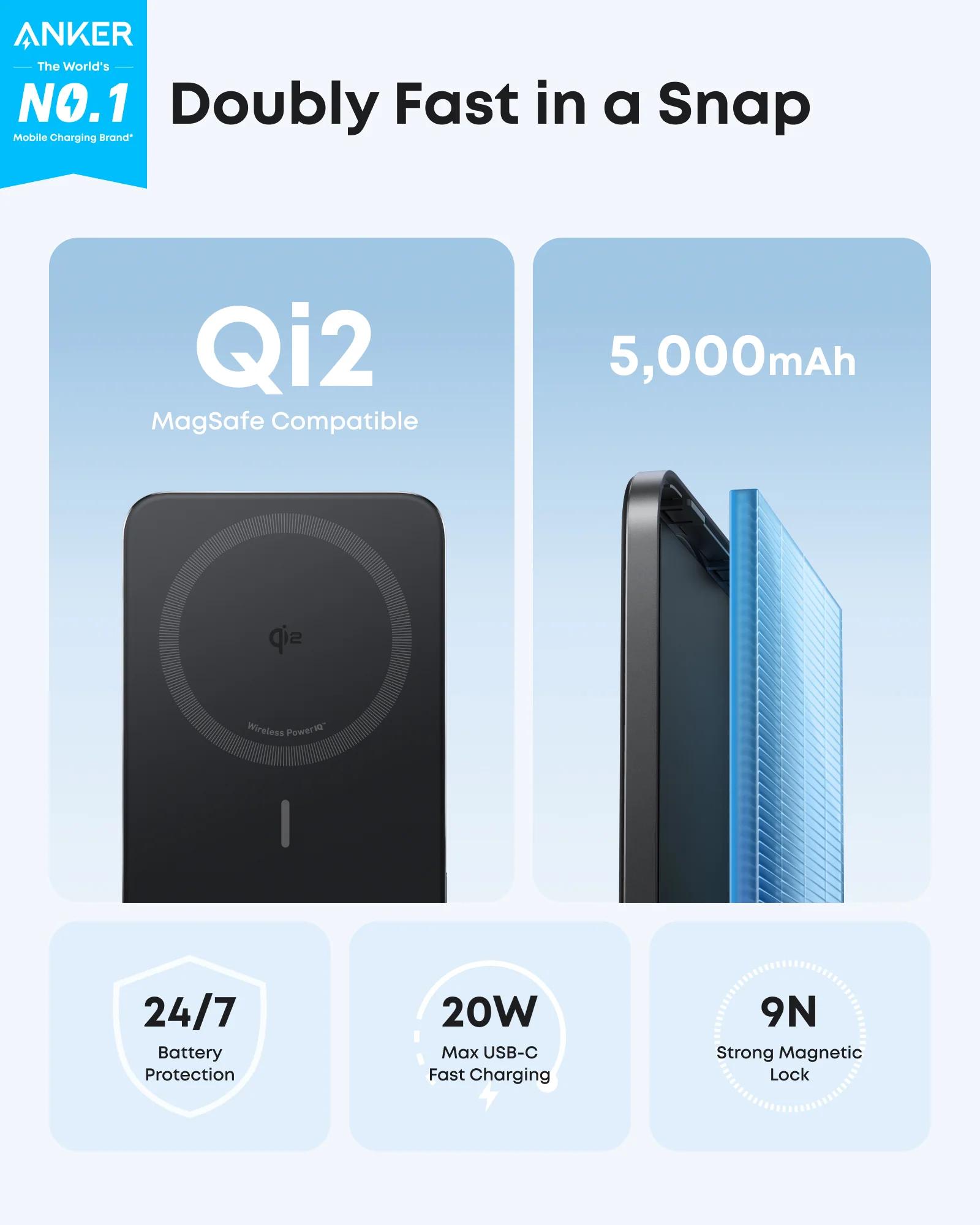 Anker POWER BANK Nano 5.000 mAh, 15W MagGo, slim, magnetic, wireless, 1 x USB-C incarcare, A1665H11 - imagine 6