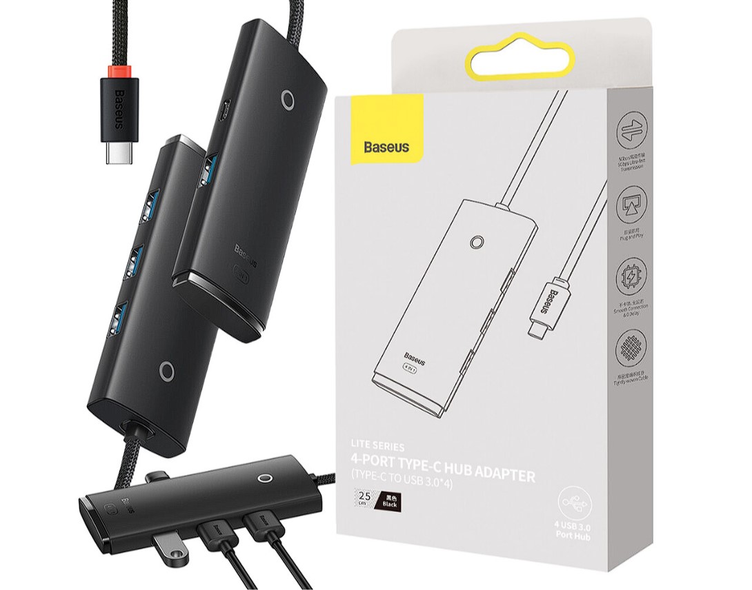 Baseus HUB extern Lite, porturi USB: USB 3.0 x 4, conectare prin USB Type-C, lungime 1m, WKQX030401