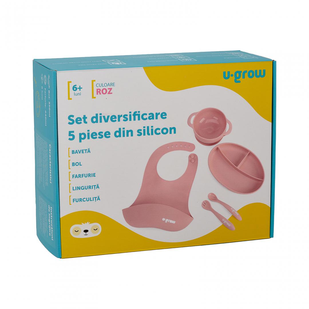 U-GROW Set diversificare 5 piese silicon : baveta, bol, farfurie, lingurita si furculita, UG-SET2PK - imagine 7
