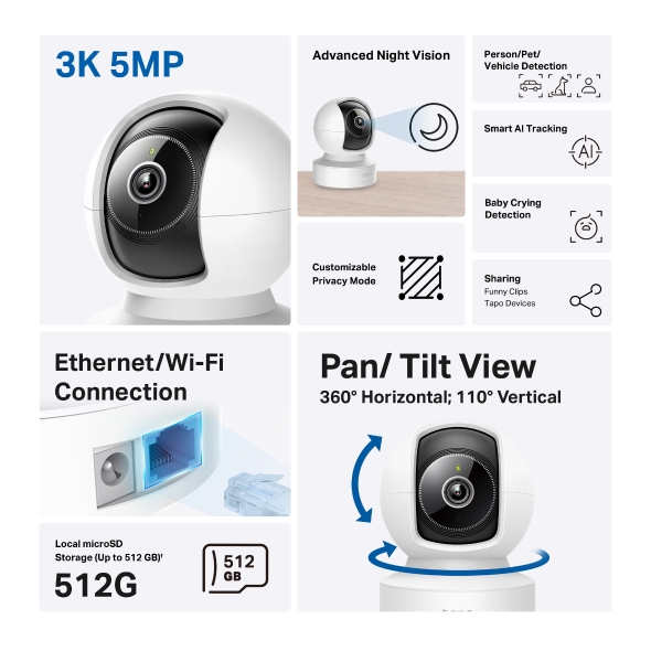 Tp-Link CAMERA IP, wireless + 1 × 100 Mbps RJ45 Port, cube, pt. interior, dist. IR 12 m, Tapo C232 - imagine 5