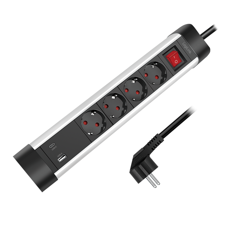 Logilink PRELUNGITOR, Schuko x 4, conectare prin Schuko (T), ON/OFF, 16 A, 1xUSB-A, 1xUSB-C, LPS278U - imagine 3
