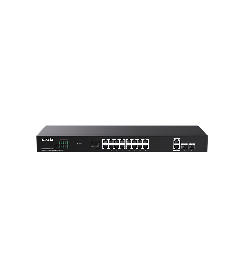Tenda SWITCH unmanaged, 16 porturi POE RJ-45 gigabit, 2 porturi uplink gigabit, TEG1120P-16-250W