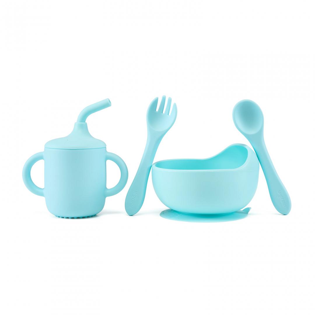 U-GROW Set 4 piese diversificare din silicon: Cana cu pai, bol, lingurita si furculita, UG-422BL - imagine 2