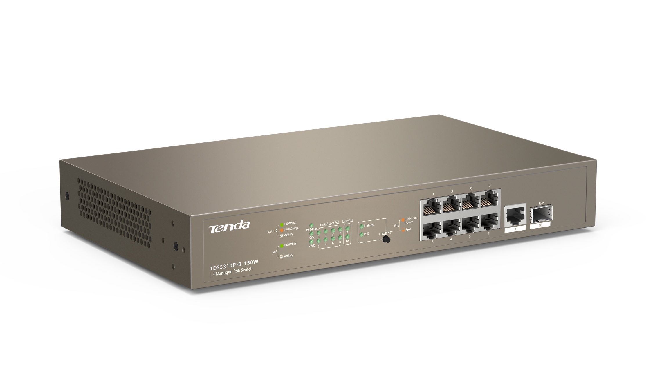 Tenda SWITCH PoE cu management L3 cu 10 porturi (8 x GE PoE, 1 x GE, 1 x SFP) IEEE, TEG5310P-8-150W