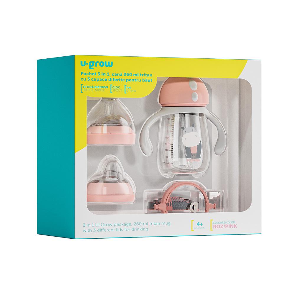 U-GROW Pachet 3 in 1 cana 260 ml tritan cu 3 accesorii diferite pentru baut : tetina, UG-3IN1-PK