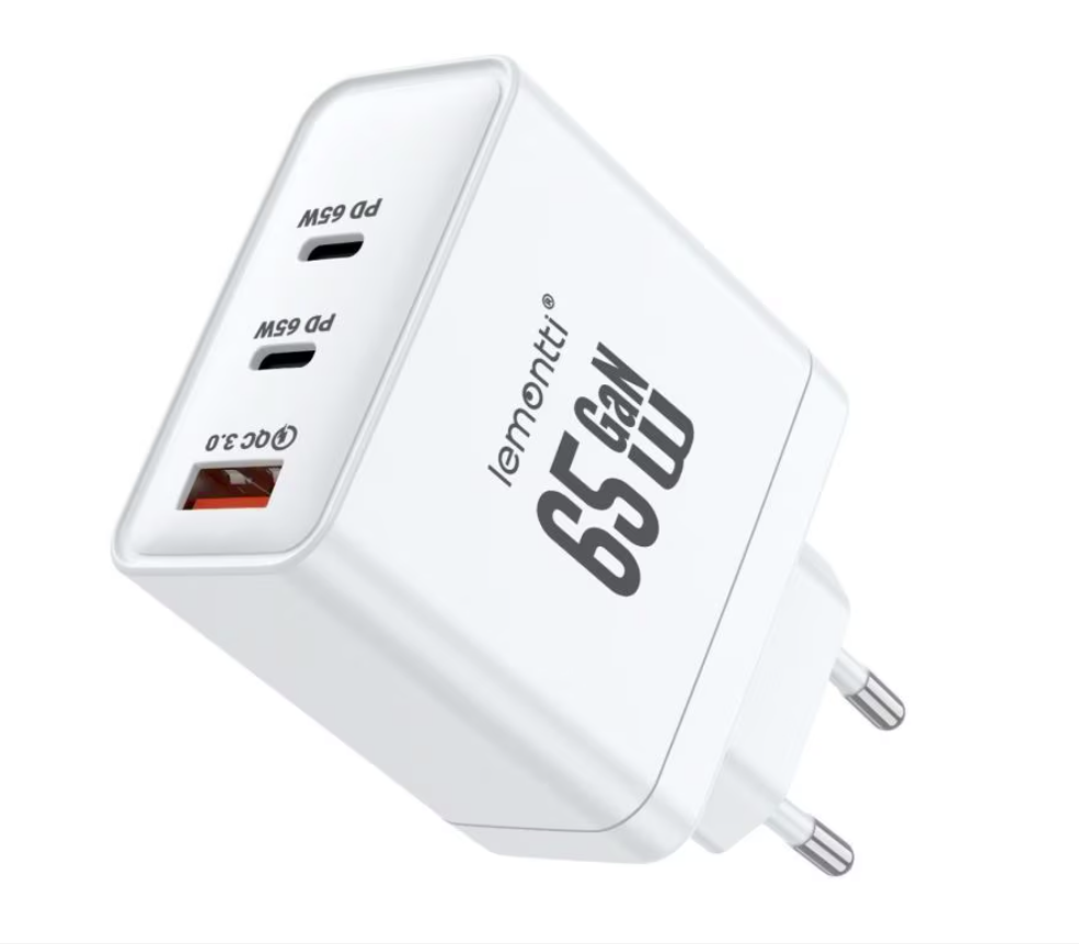 LEMONTTI Încărcător Rețea GaN 65W 2x USB-C 1x USB-A Fast Charge Alb, LEMIRG2TC65WA
